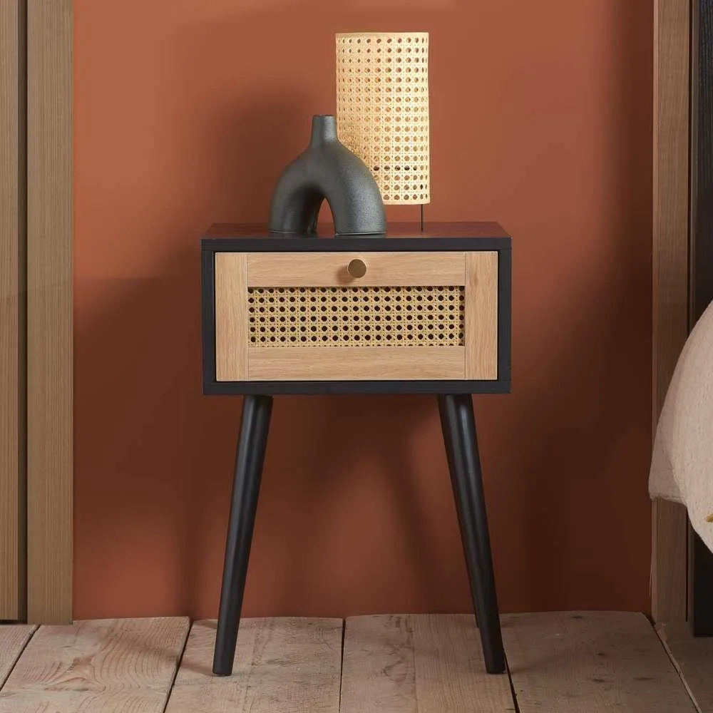 Birlea Pair of Bedside 1 Drawer Cabinet Rattan Croxley Side Table Black 2