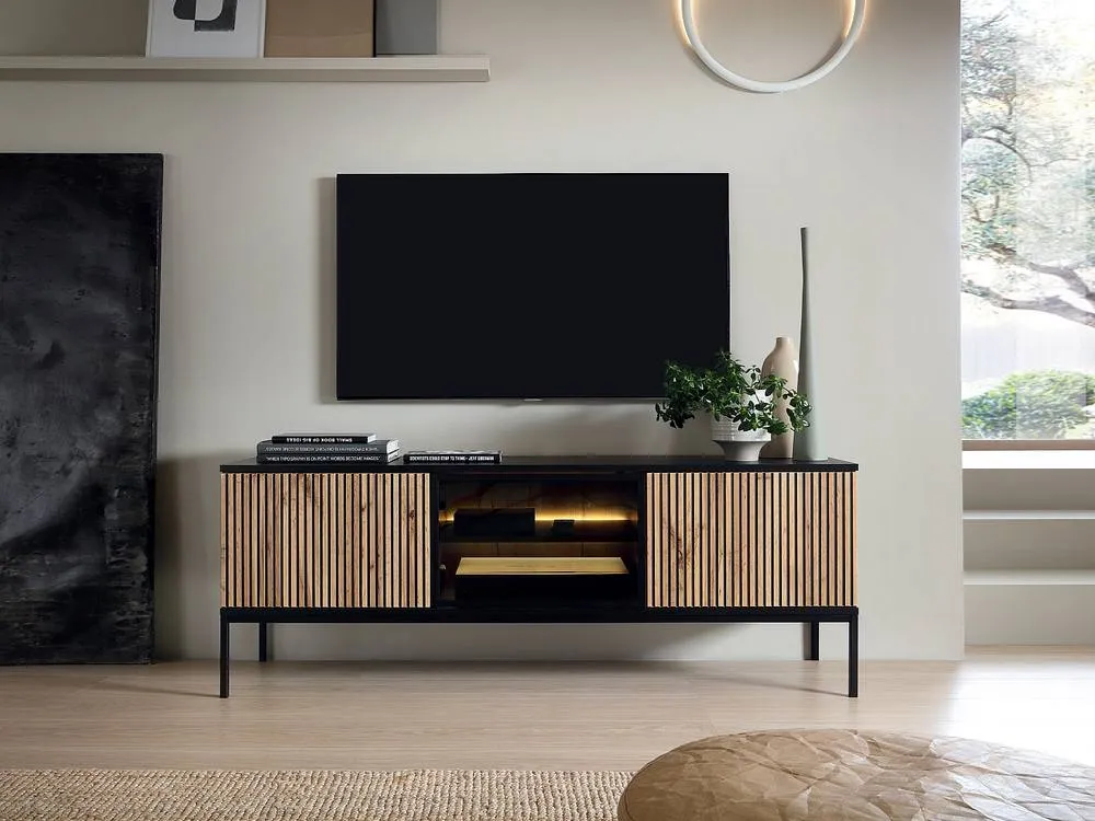 Vente-unique 3 - Door TV Stand With Leds In MDF & Smoked Glass - Black and