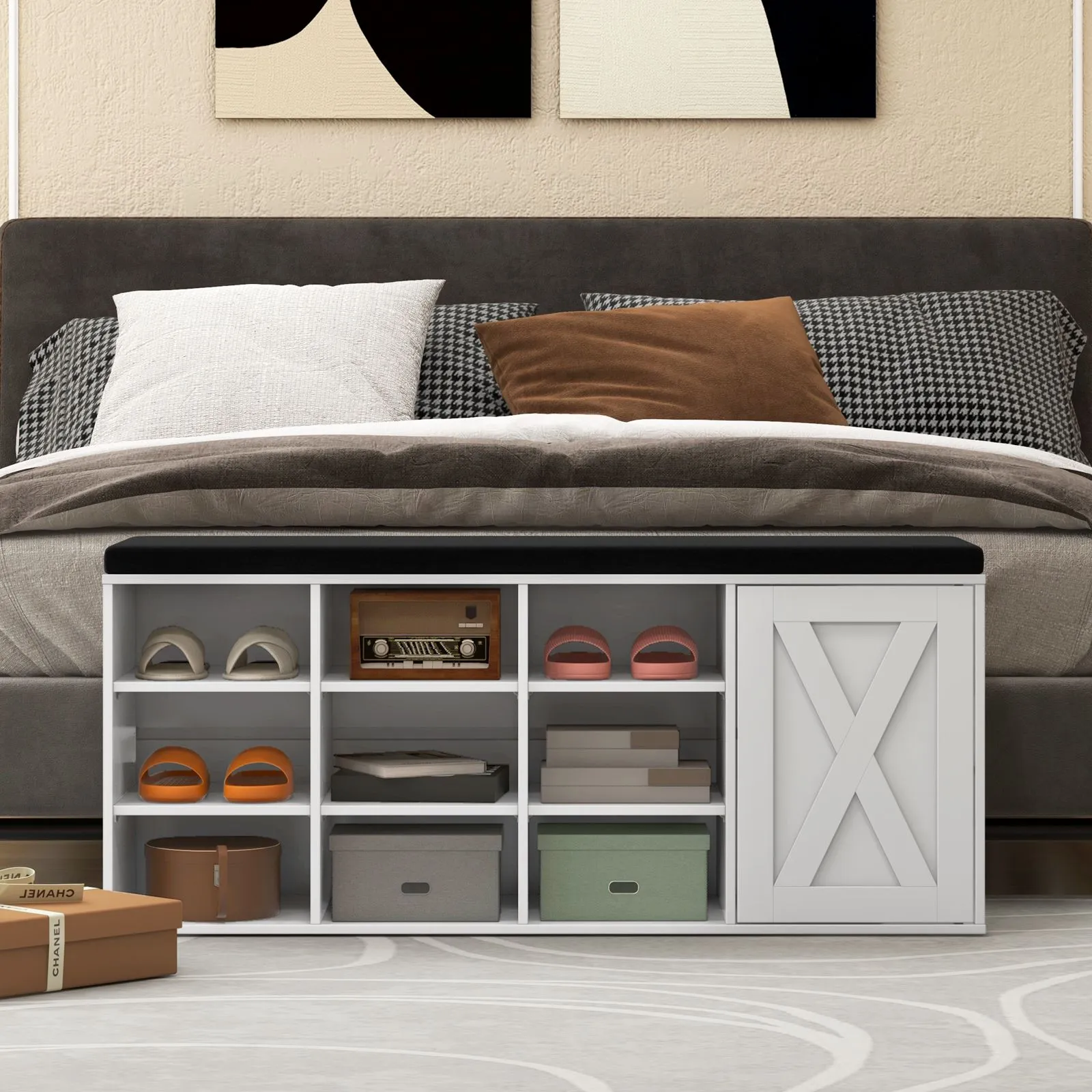 Costway Shoe Storage Bench 3-Tier Entryway Bench w/ Padded Cushion in White 4