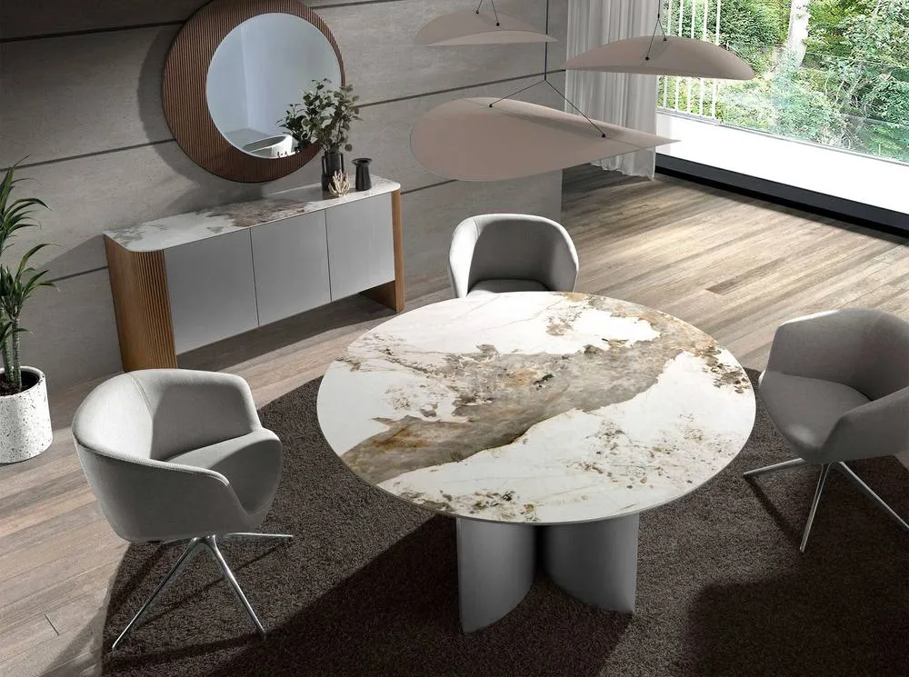 Angel Cerda Round Dining Table Porcelain Marble Top Walnut in Metallic Silver 3