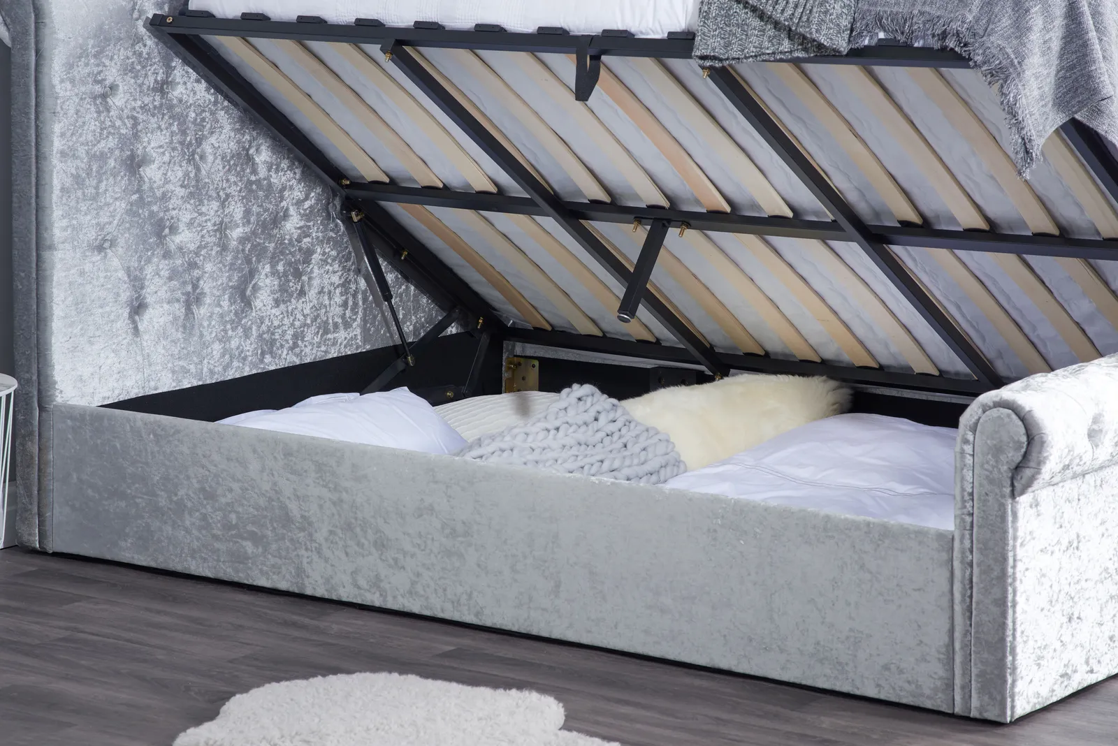 Birlea Grey Fabric Ottoman Bed Frame Storage Sienna Crushed Velvet in Metallic Silver 3