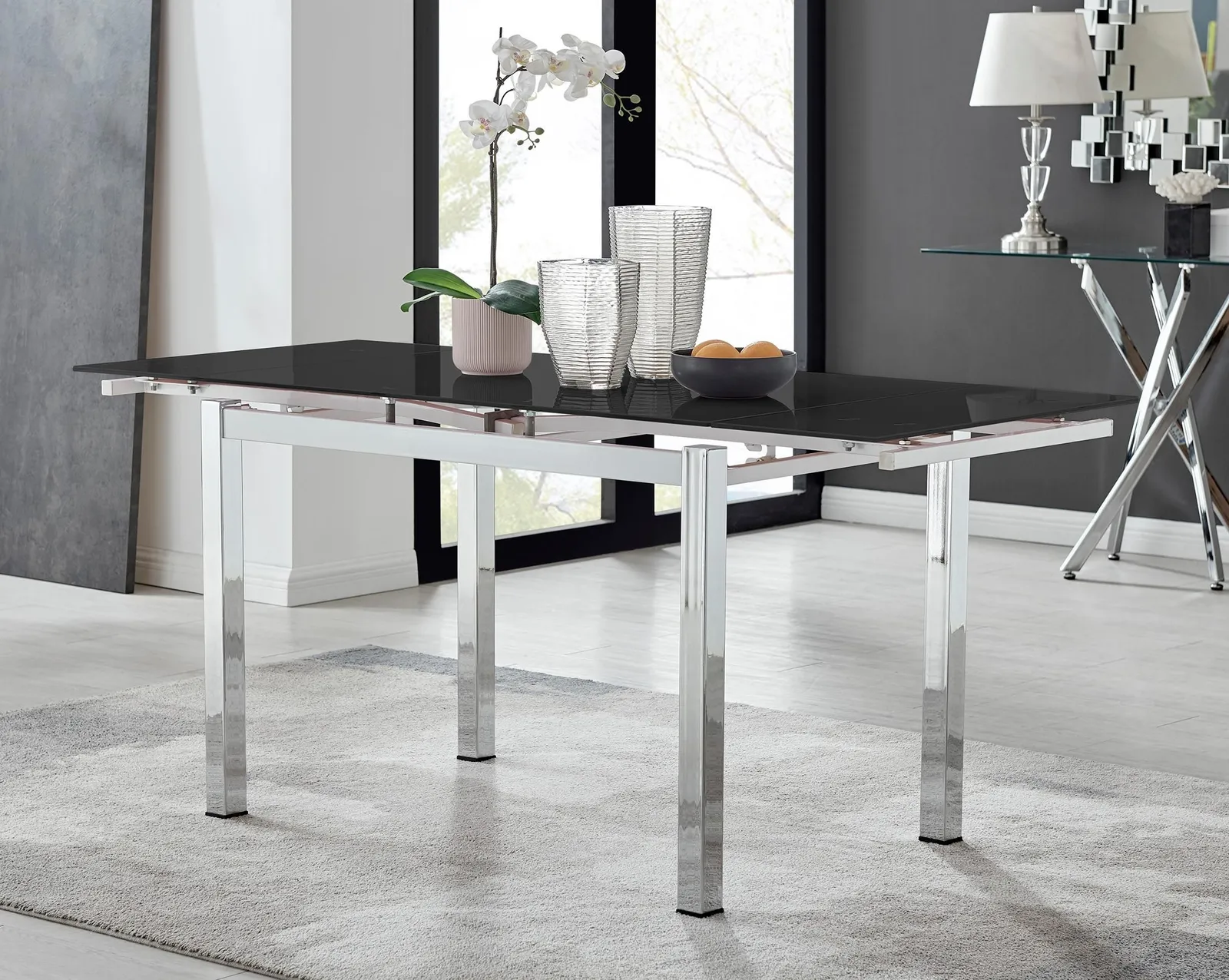 FurnitureboxUK Enna 170cm 6-Seater Chrome & Glass Extending Dining Table in Black 2