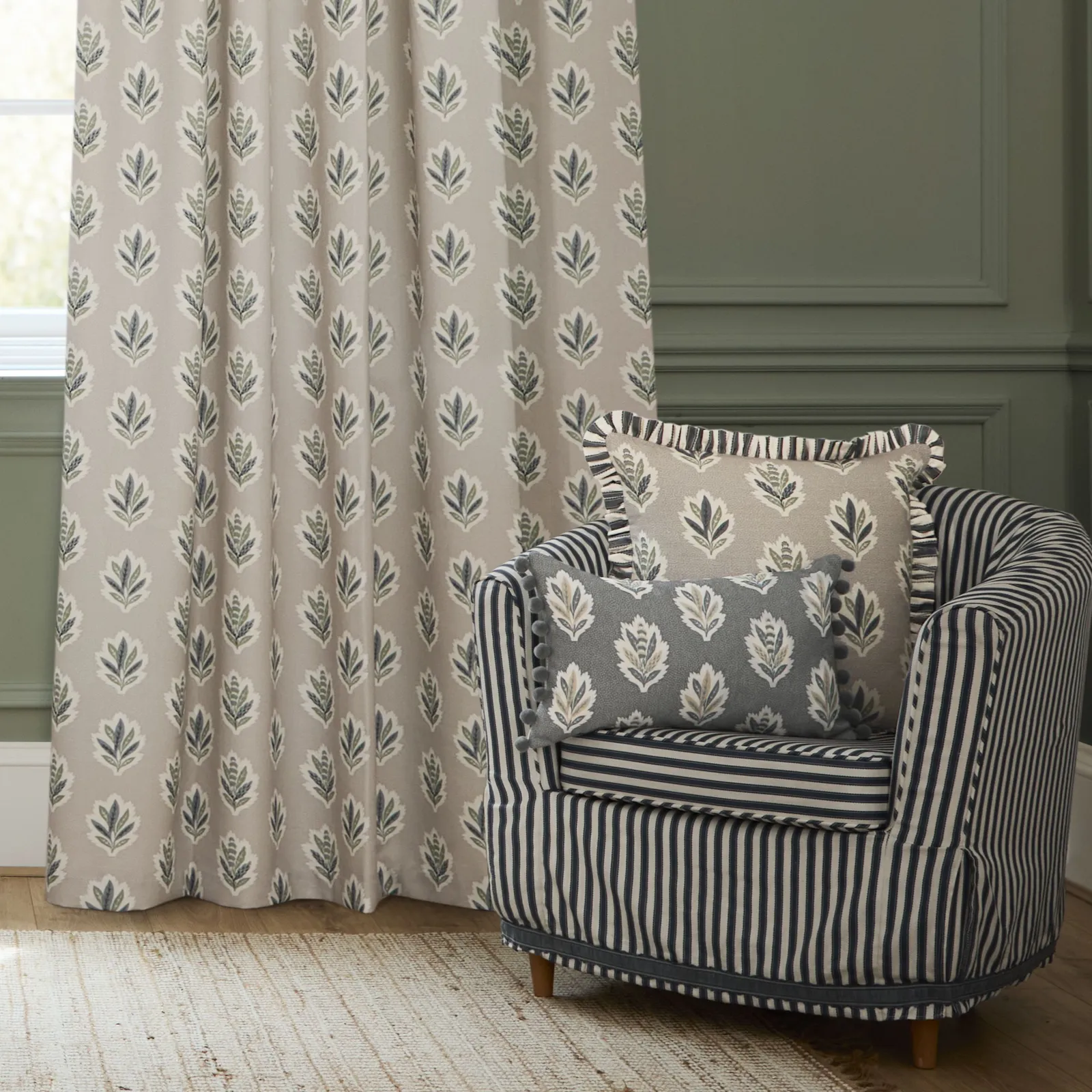 Sanderson Sessile Leaf Printed Room Darkening Pencil Pleat Curtains in Light Blue 4