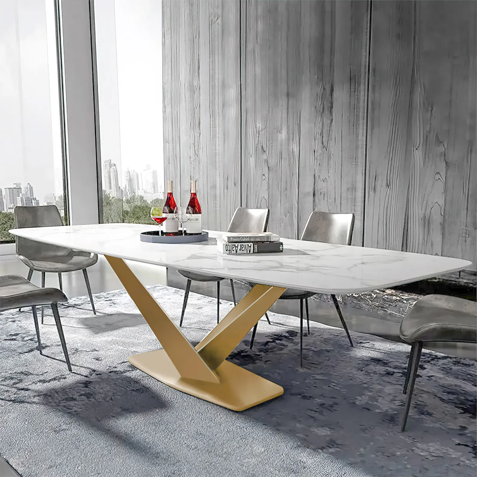 63" Modern White Faux Marble Rectangular Dining Table with Stainless Steel X-Base