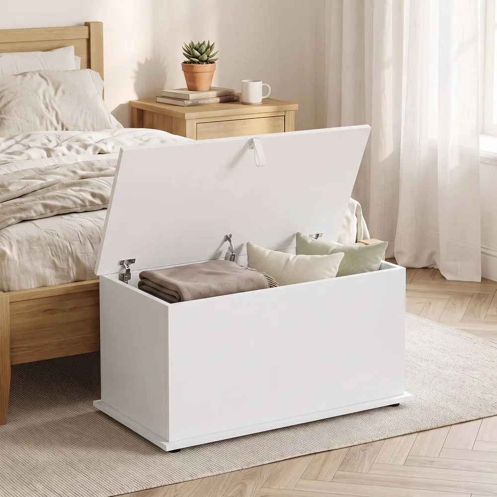 HOMCOM Storage Chest with Safety Hinged Lid, 102L Storage Box, White 2