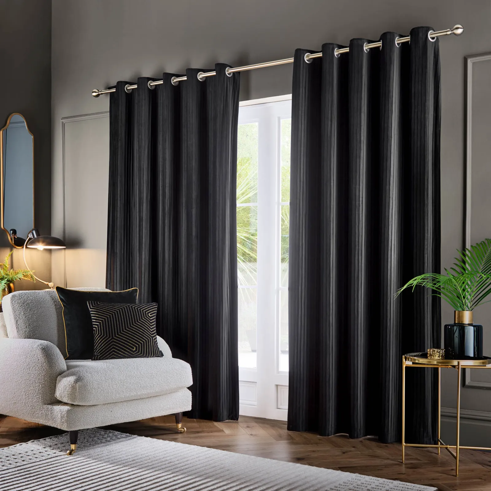Paoletti Corinthian Velvet Room Darkening Eyelet Curtain Pair in Black 2