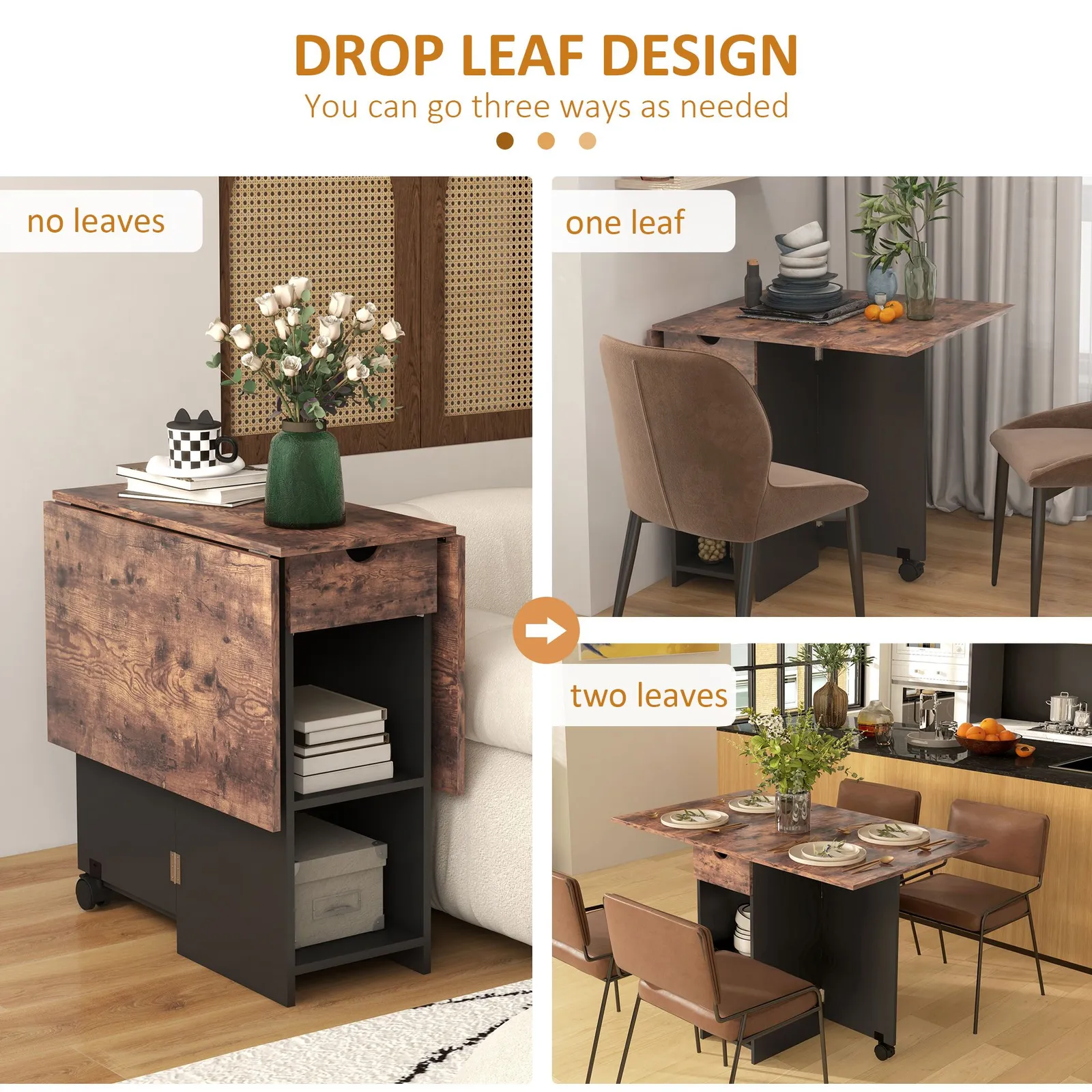 HOMCOM Foldable Dining Table, Drop Leaf Table with Storage for Kitchen in Brown 5