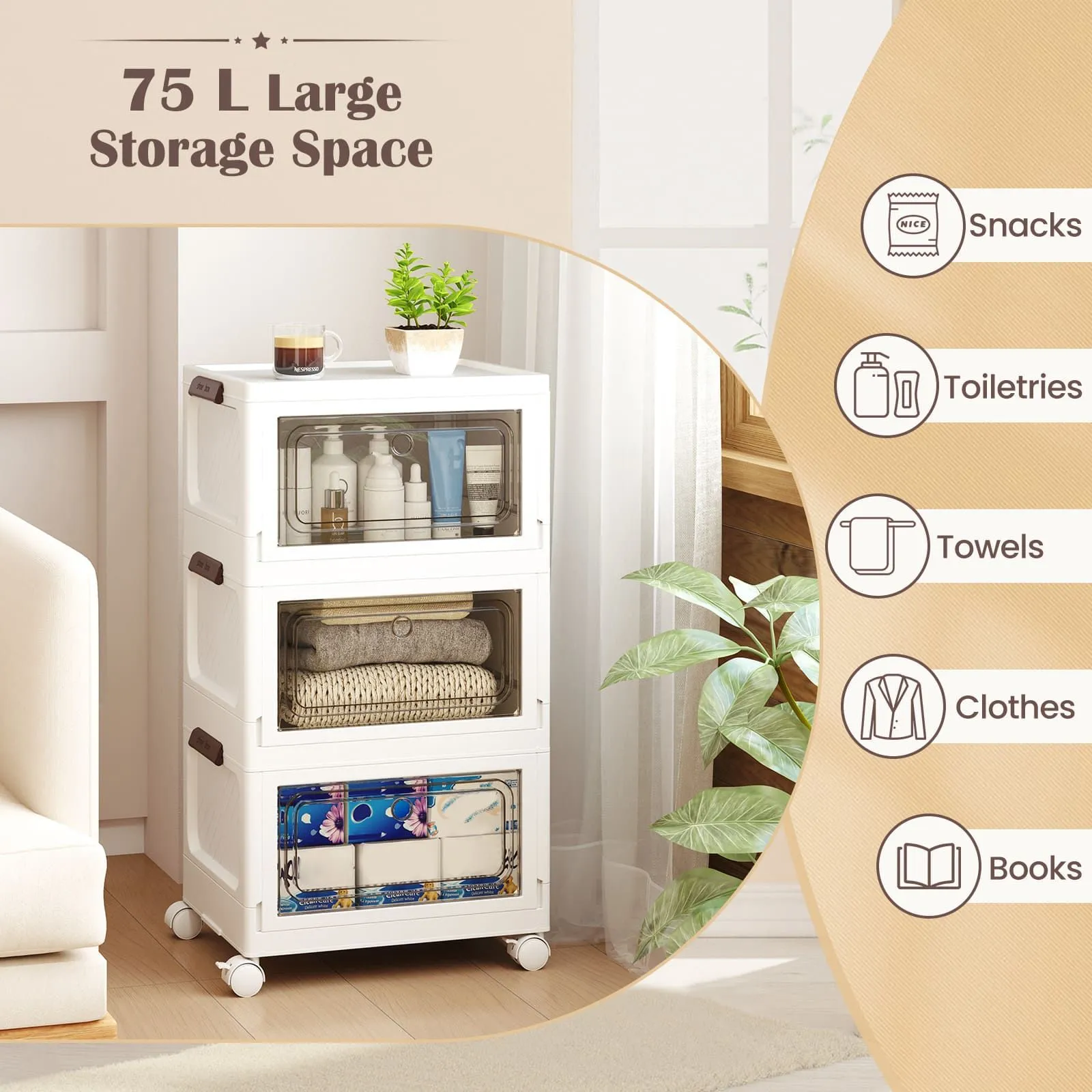 Costway 3-Pack Stackable Storage Bins 75L Collapsible Storage Boxes-White in White 3