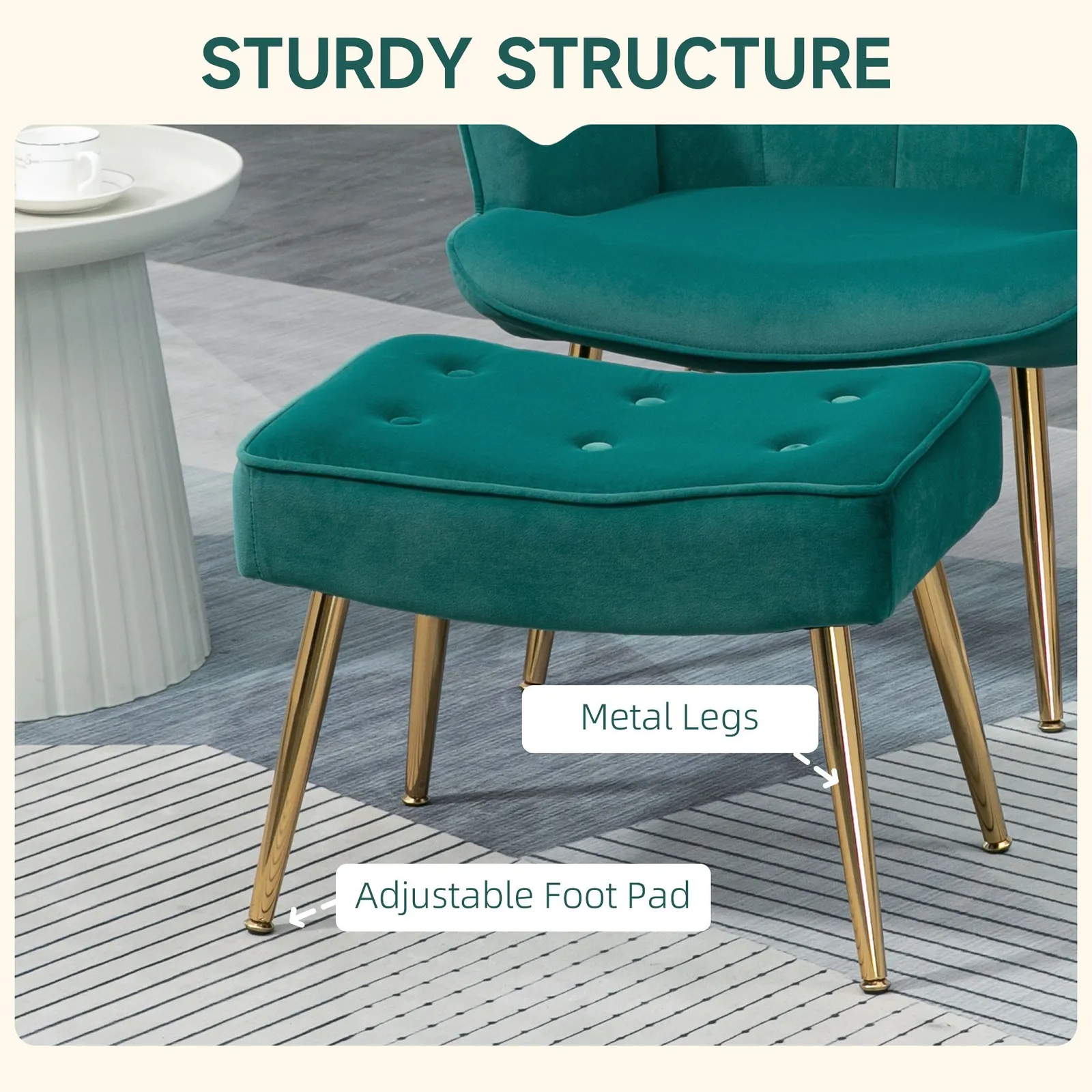 HOMCOM Armchair with Footstool Button Tufted Accent Chair w/ Steel Legs in Green 5