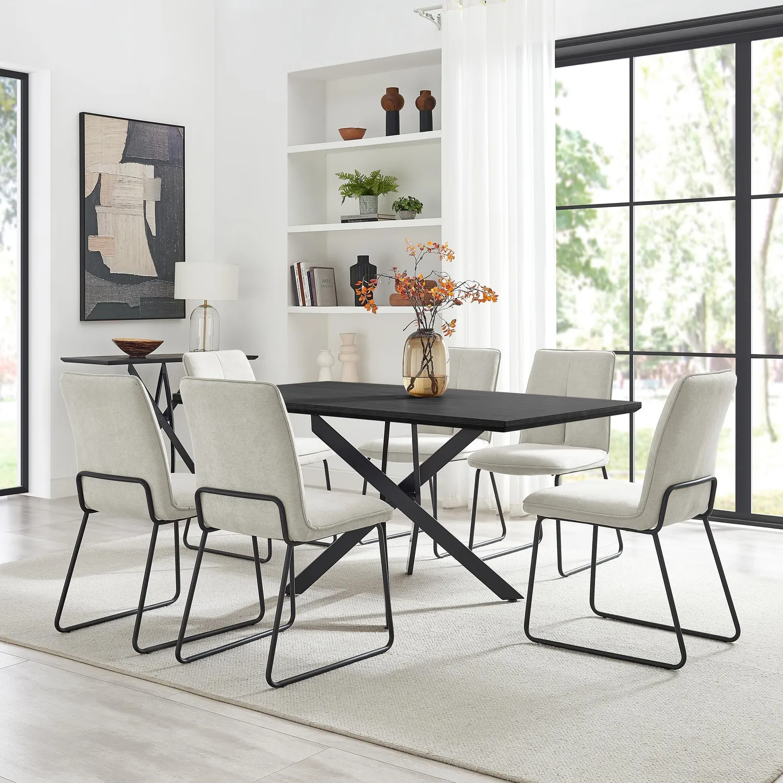 FurnitureboxUK Leonardo Black Top Dining Table & 6 Halley Fabric Chairs in Cream 1