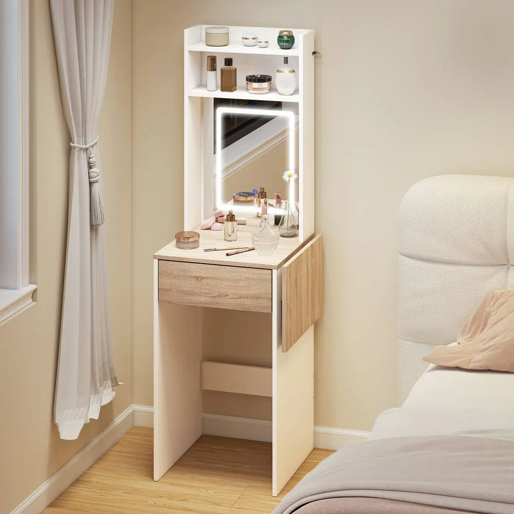 HOMCOM Compact Dressing Table with Lighted Mirror Open Shelves Drawer in White 1