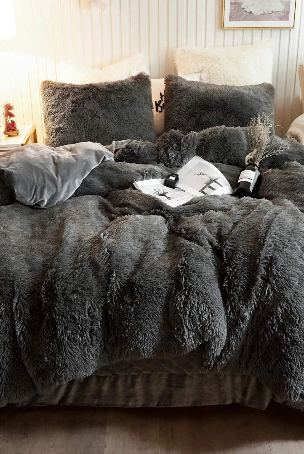 Ezysleep Grey Faux Fur Duvet Cover Set