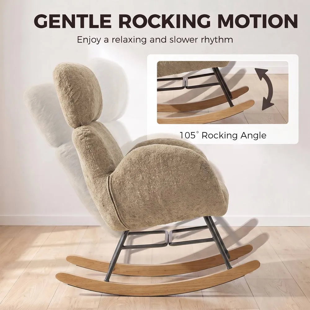HOMCOM Rocking Chair with Adjustable Headrest Velvet Upholstery Light Brown 4
