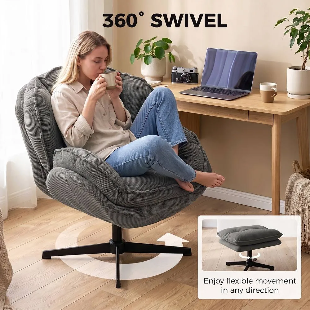 HOMCOM Armchair with Adjustable Footstool, 360° Swivel Accent Chair in Grey 5