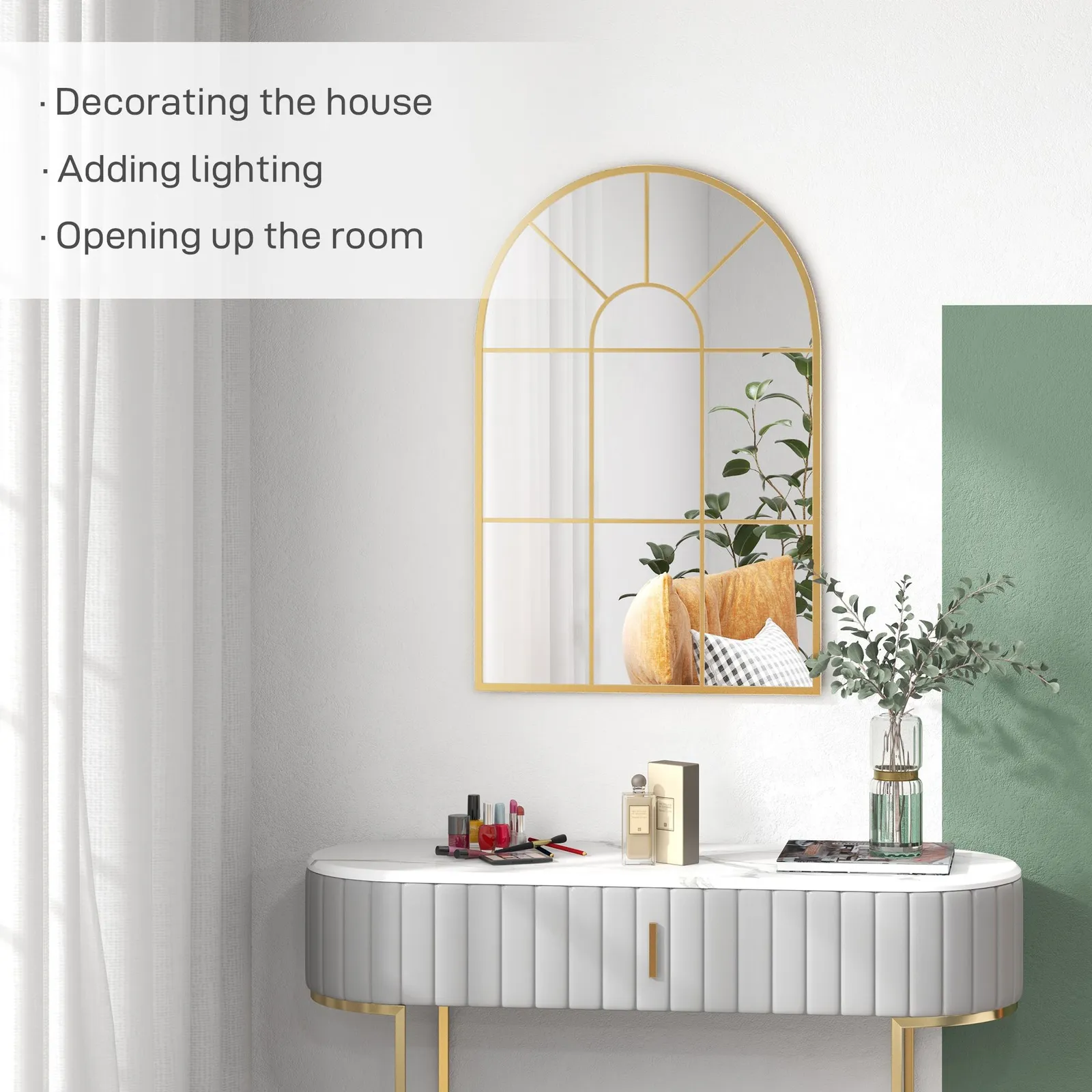 HOMCOM Modern Arched Window Wall Mirror for Bedroom, 91x60cm, Gold Tone 4