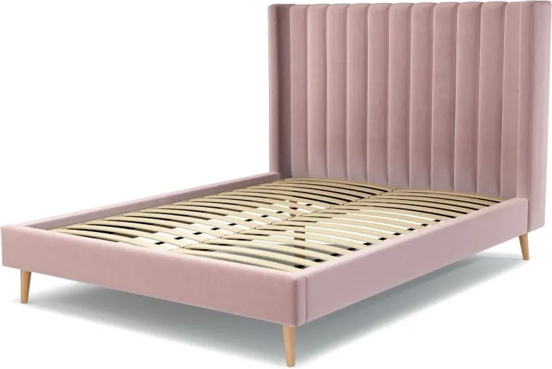 Cory King Size Bed, Heather Pink Velvet with Oak Legs