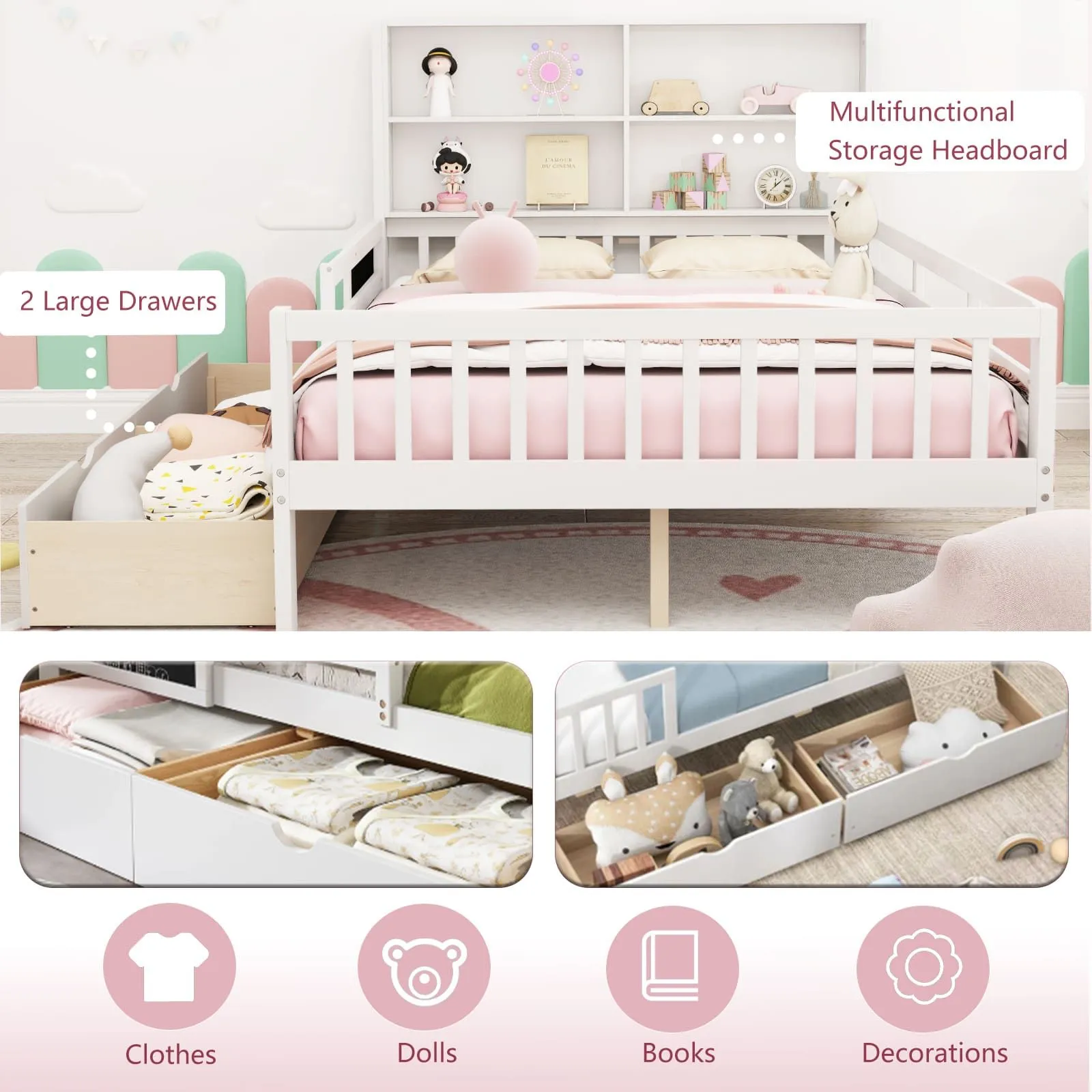 Costway Double Size Bed Frame Solid Wood Platform Bed w/2 Storage Drawers in White 2