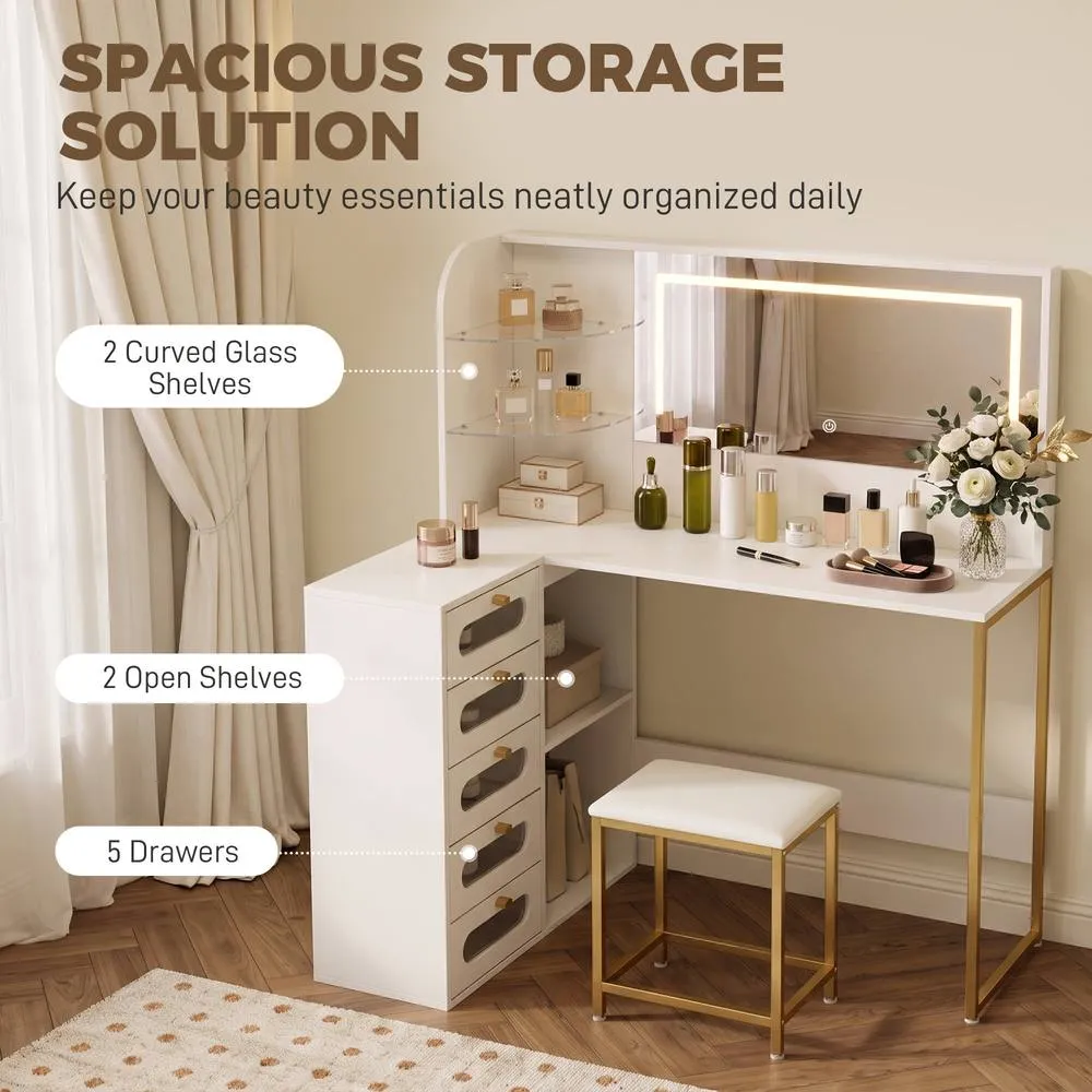 HOMCOM Dressing Table with LED Mirror & Stool, Drawers, Vanity Desk, White 5