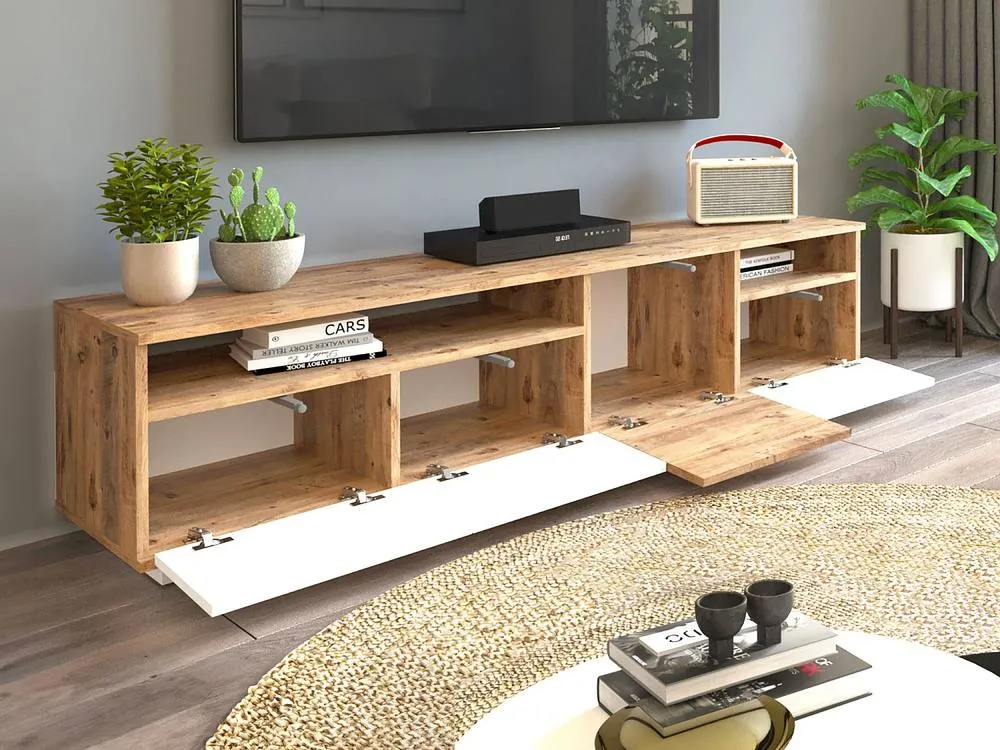 Vente-unique TV Unit With 4 Doors & 2 Shelves - Light Natural & White - CEDONA in Light Oak 6