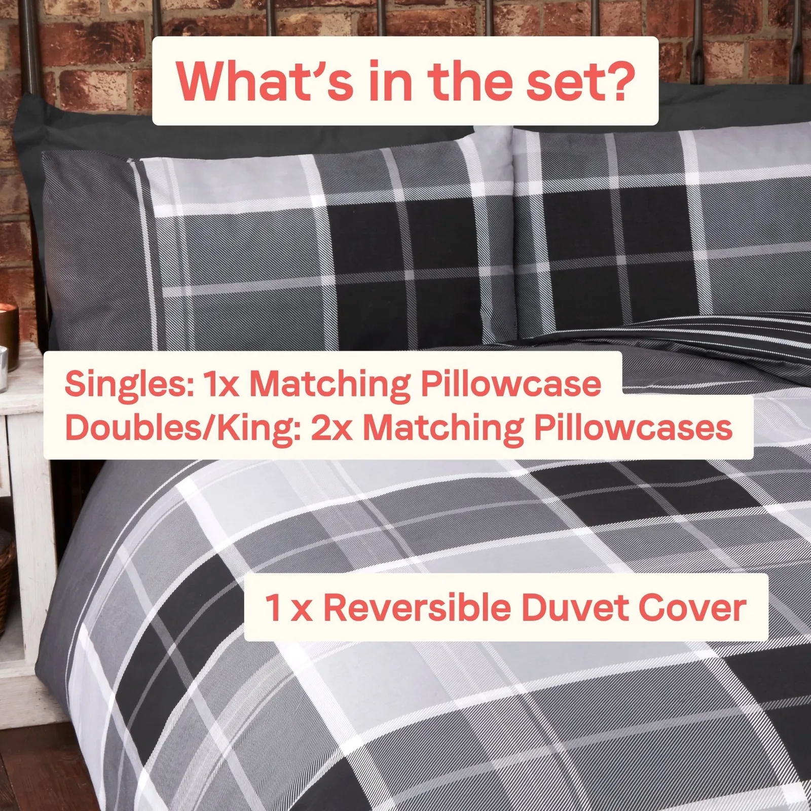 Rapport Home Argyle Design Tartan Polycotton Duvet Set With Pillowcase in Grey 4