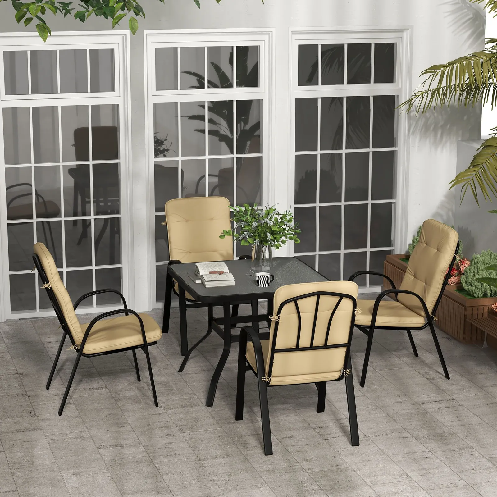 OUTSUNNY Garden Dining Set, Glass Table w/ Umbrella Hole in Beige