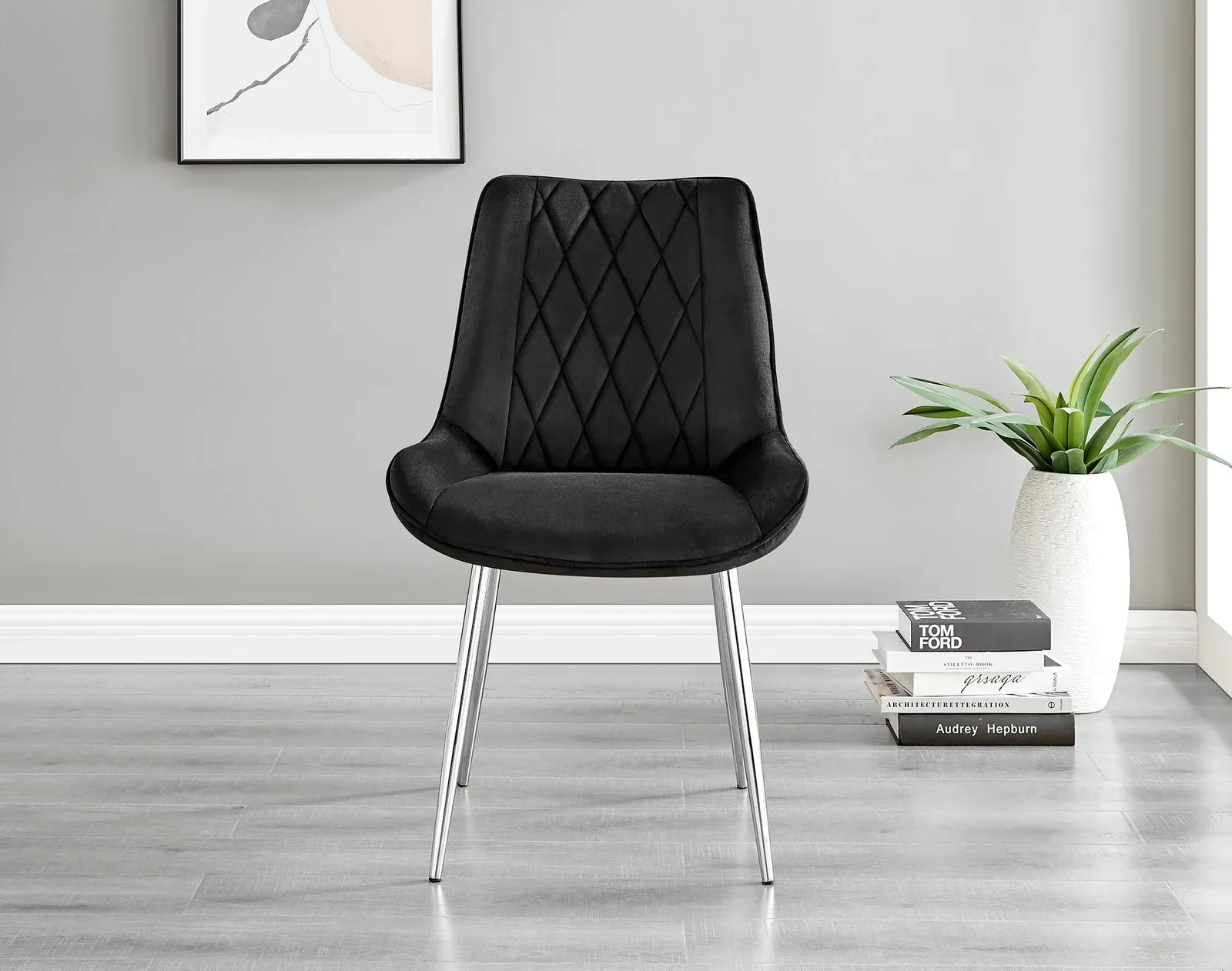 FurnitureboxUK Giovani 6-Seater Grey Glass Dining Table & 6 Pesaro Soft Velvet Dining Chairs in Black 6