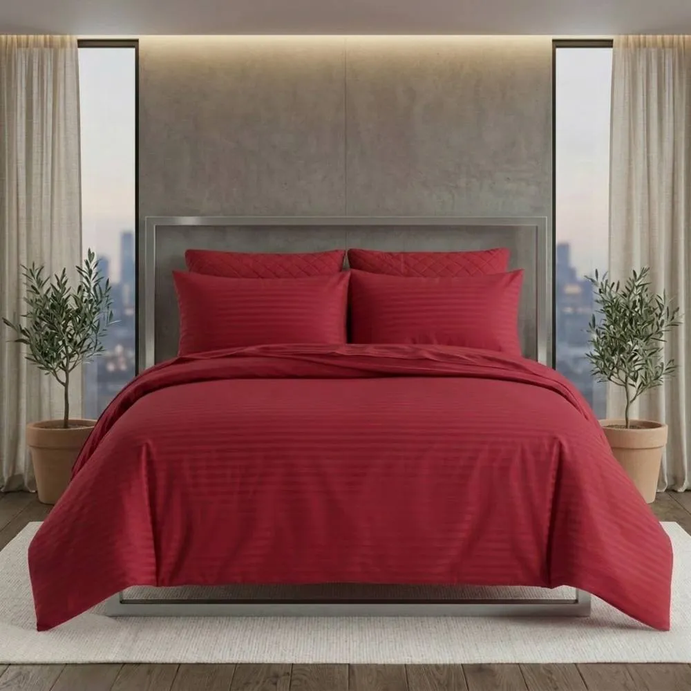 Snug City Luxury Satin Stripe Duvet Cover Set T250 Cotton Rich Soft Bed Linen in Red