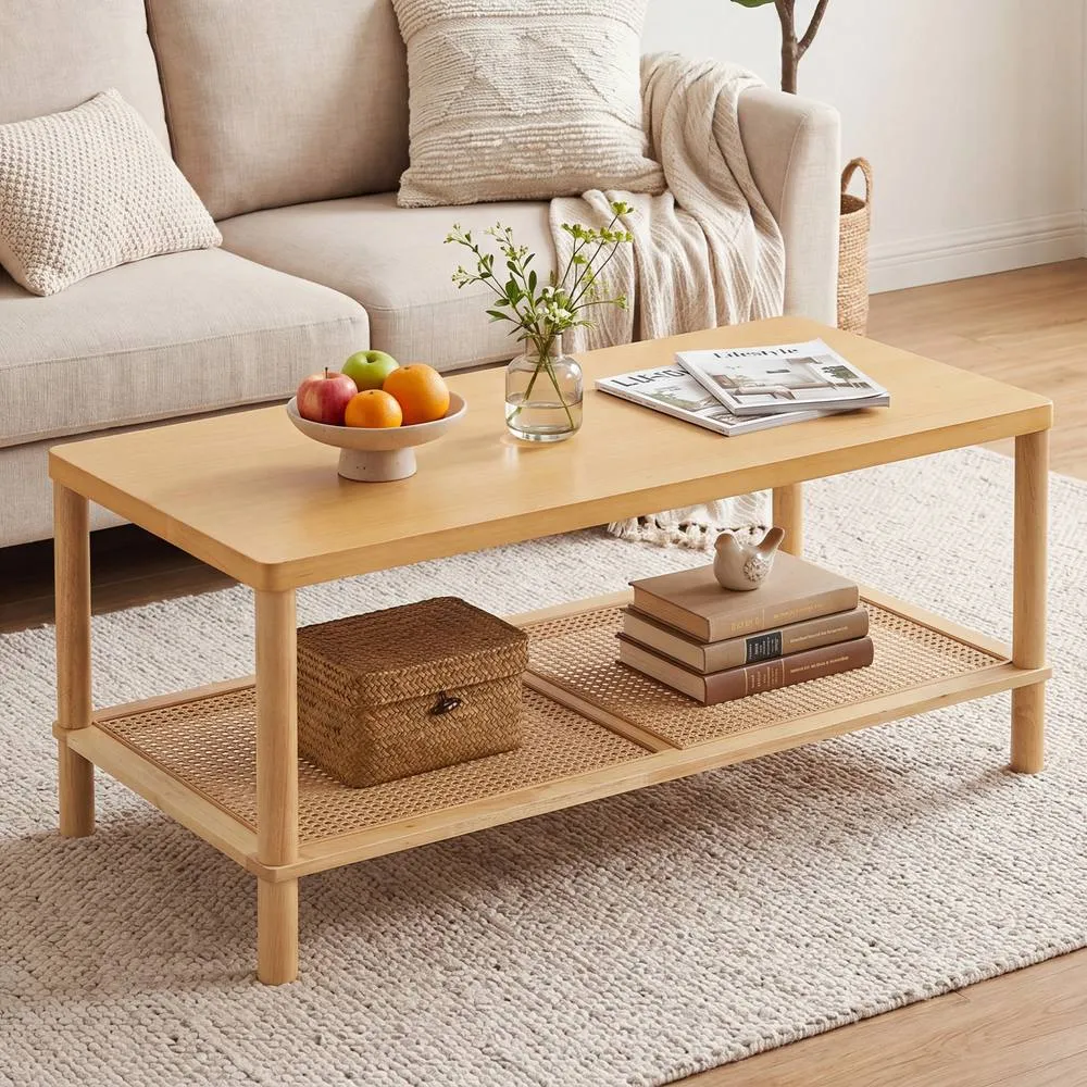 Costway Boho Coffee Table for Living Room Rubber Wood Rectangular Center Table in Natural 3