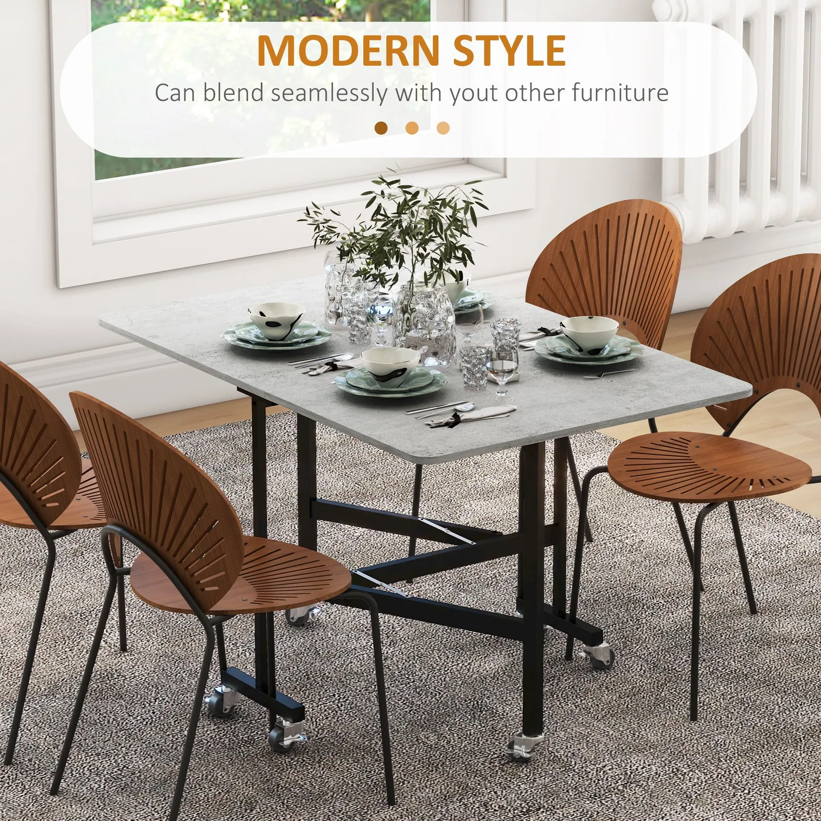 HOMCOM Drop Leaf Table, Folding Dining Table with Metal Frame, Rolling Kitchen Dining Table for Small Spaces, 120cm in Grey 4