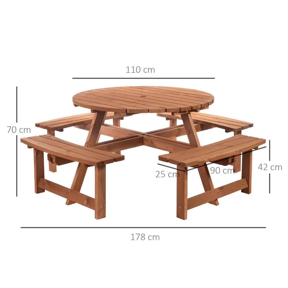 OUTSUNNY 8 Seat Outdoor Wooden Picnic Table with Bench, Parasol Hole, Brown 3