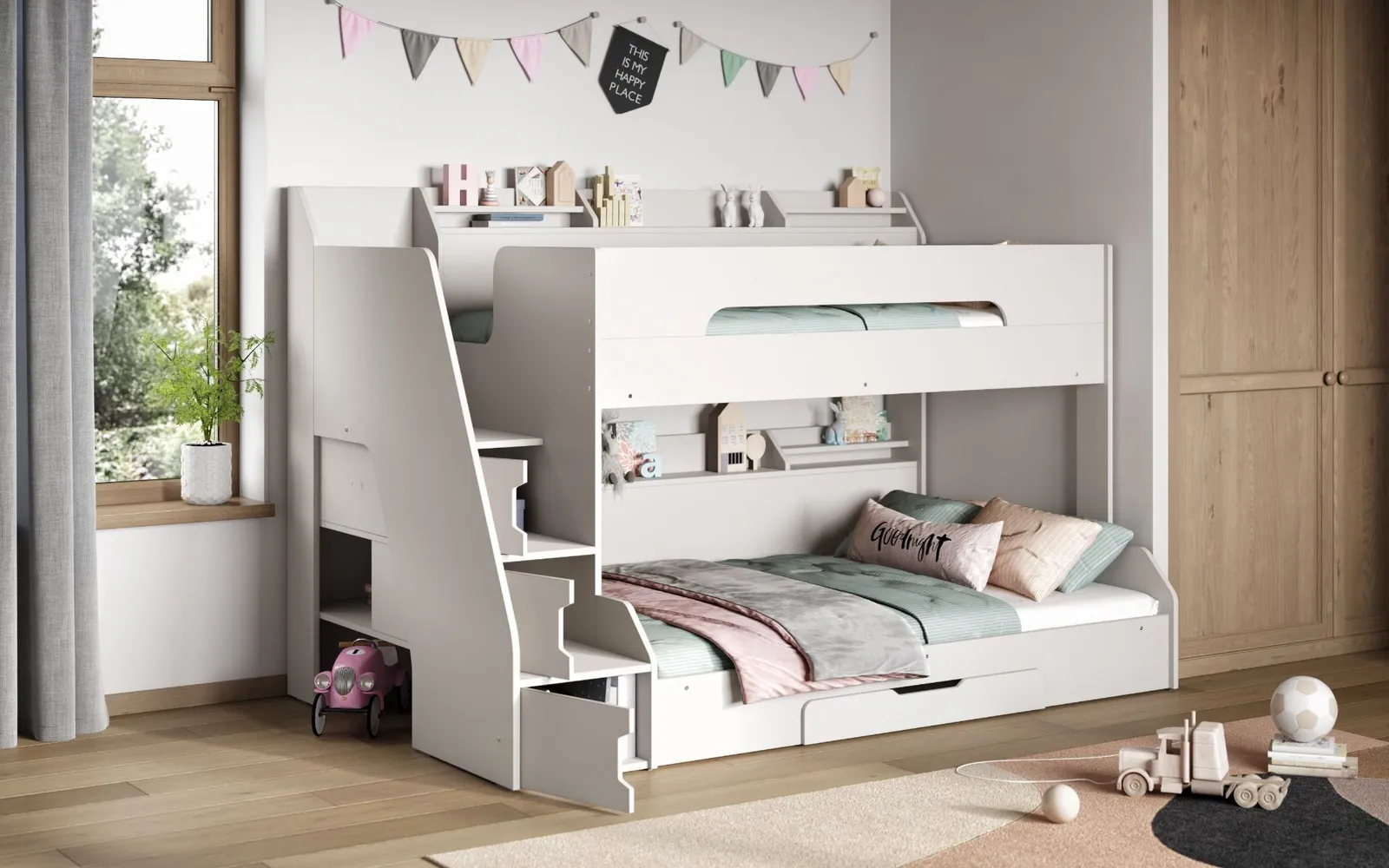 Flair Slick Staircase Triple Bunk Bed with Storage in White