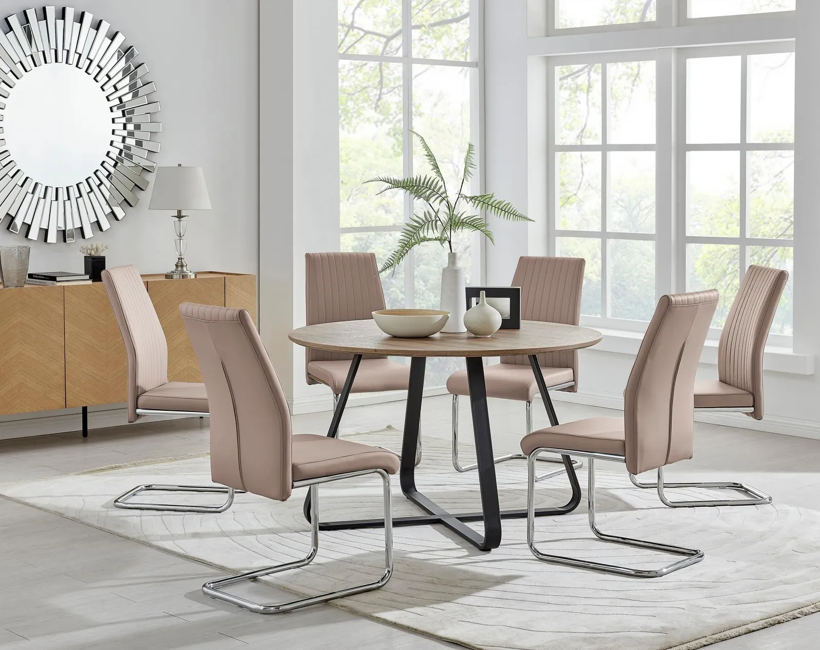 FurnitureboxUK Santorini Brown Wood Effect Dining Table & 6 Black Lorenzo Chairs in Beige