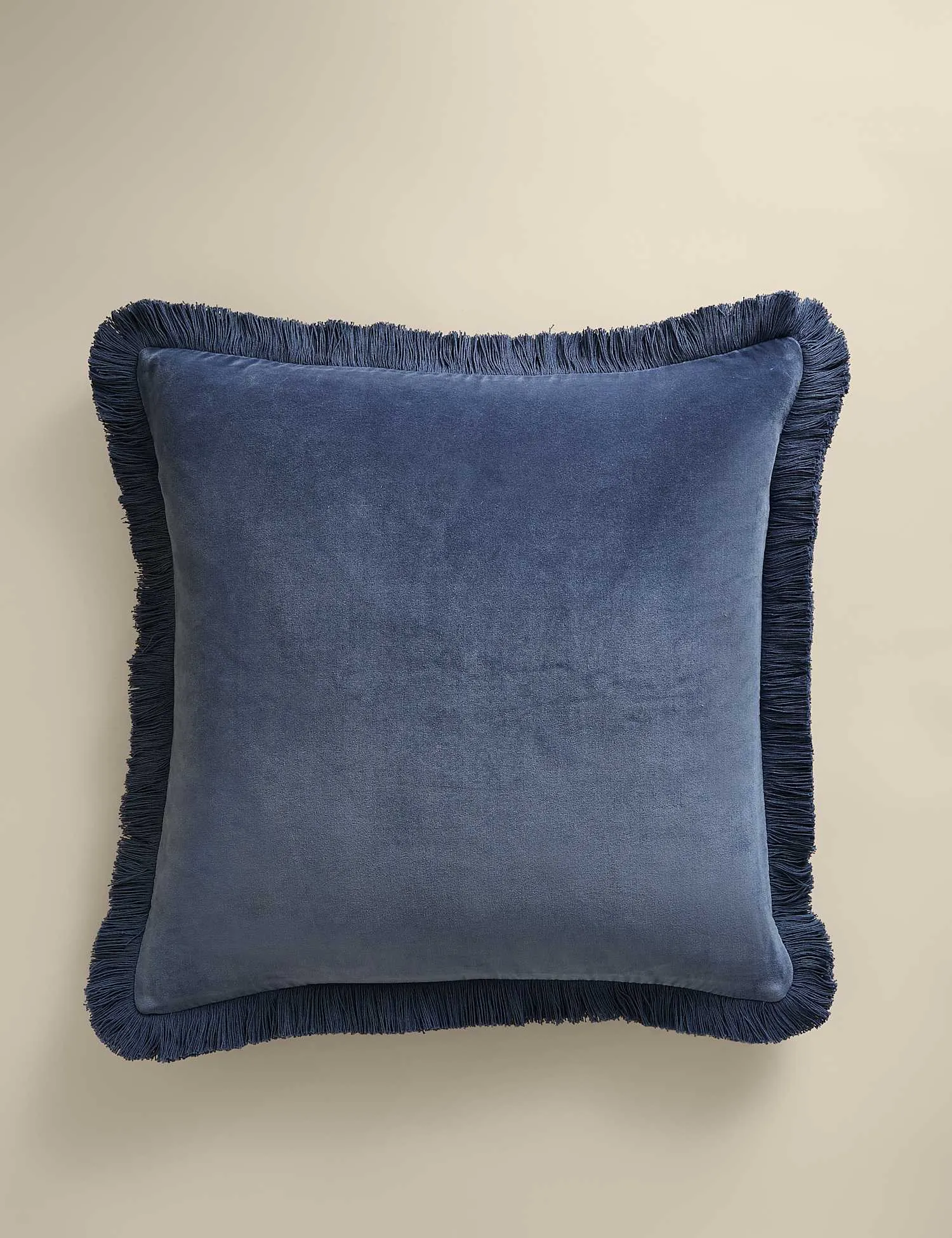 M&S Pure Cotton Velvet Fringed Cushion Slate Blue