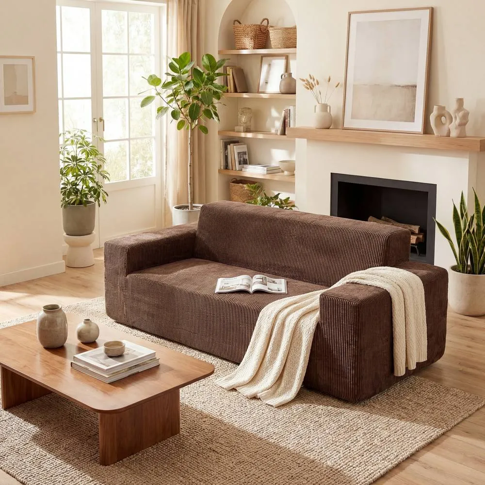 Costway Corduroy 3 Seater Sofa Brown Boneless Couch with High Backrest Deep Seat 6