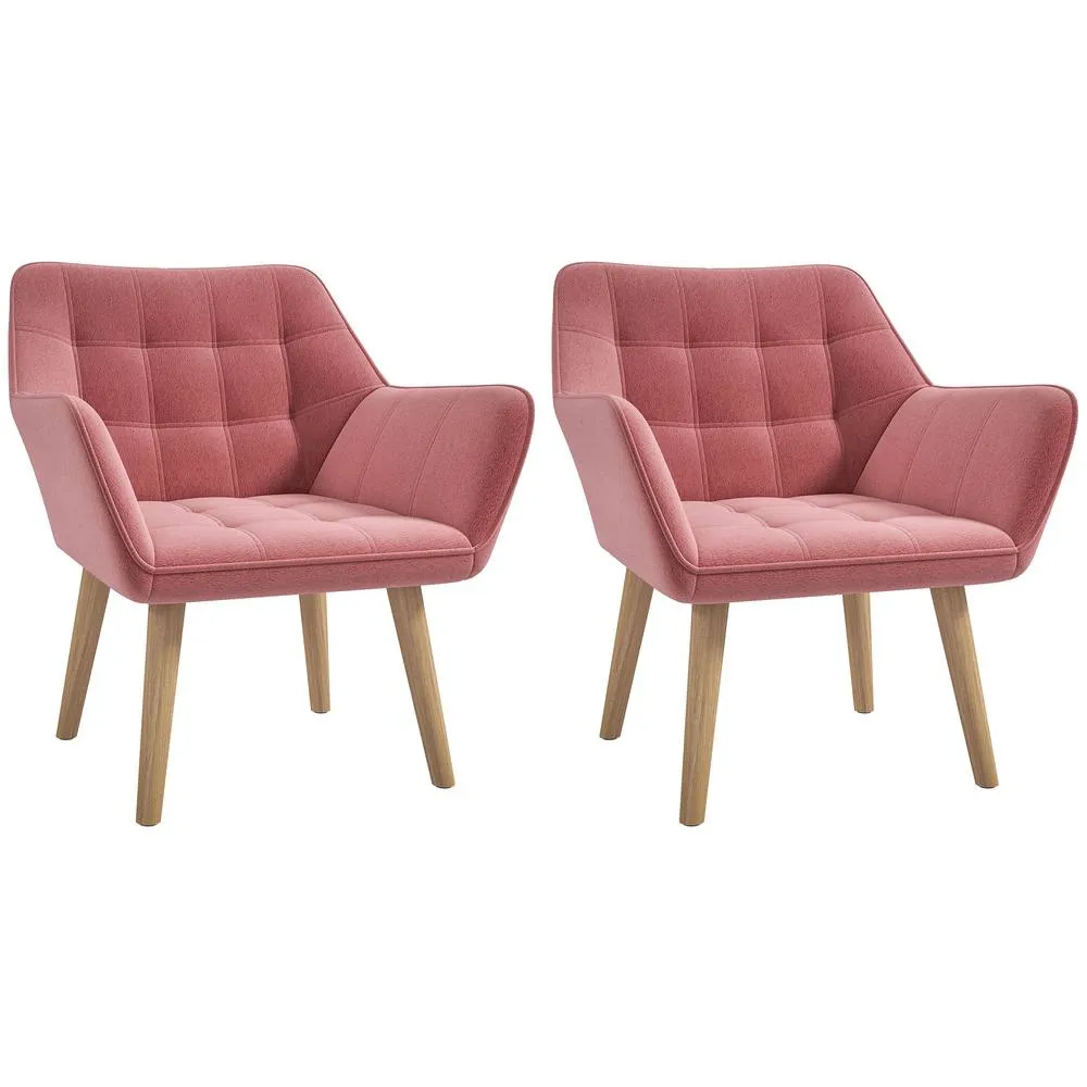 HOMCOM Set of 2 Velvet-Feel Accent Chair with Slanted Back, Wood Legs, Pink 2