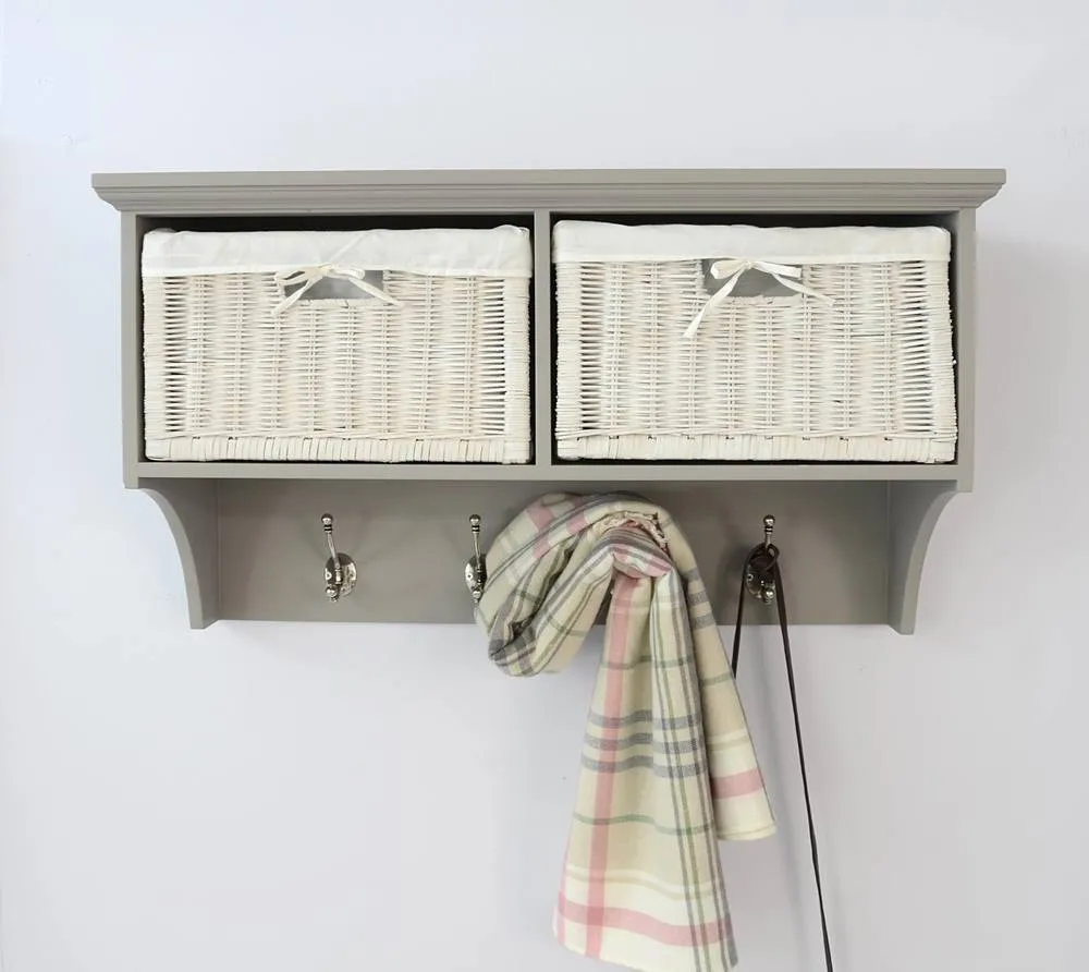 Statement Furniture Tetbury Small Hallway Coat Rack / Shelf with Wicker Storage Baskets in Light Grey 3