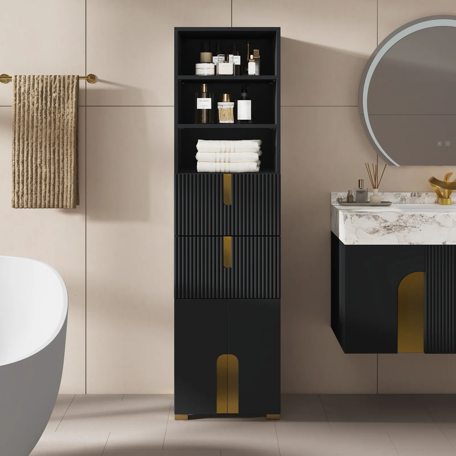 Artis 150 cm Bathroom Storage Cabinet – Freestanding Linen Tower with 2 Drawers & 2 Doors