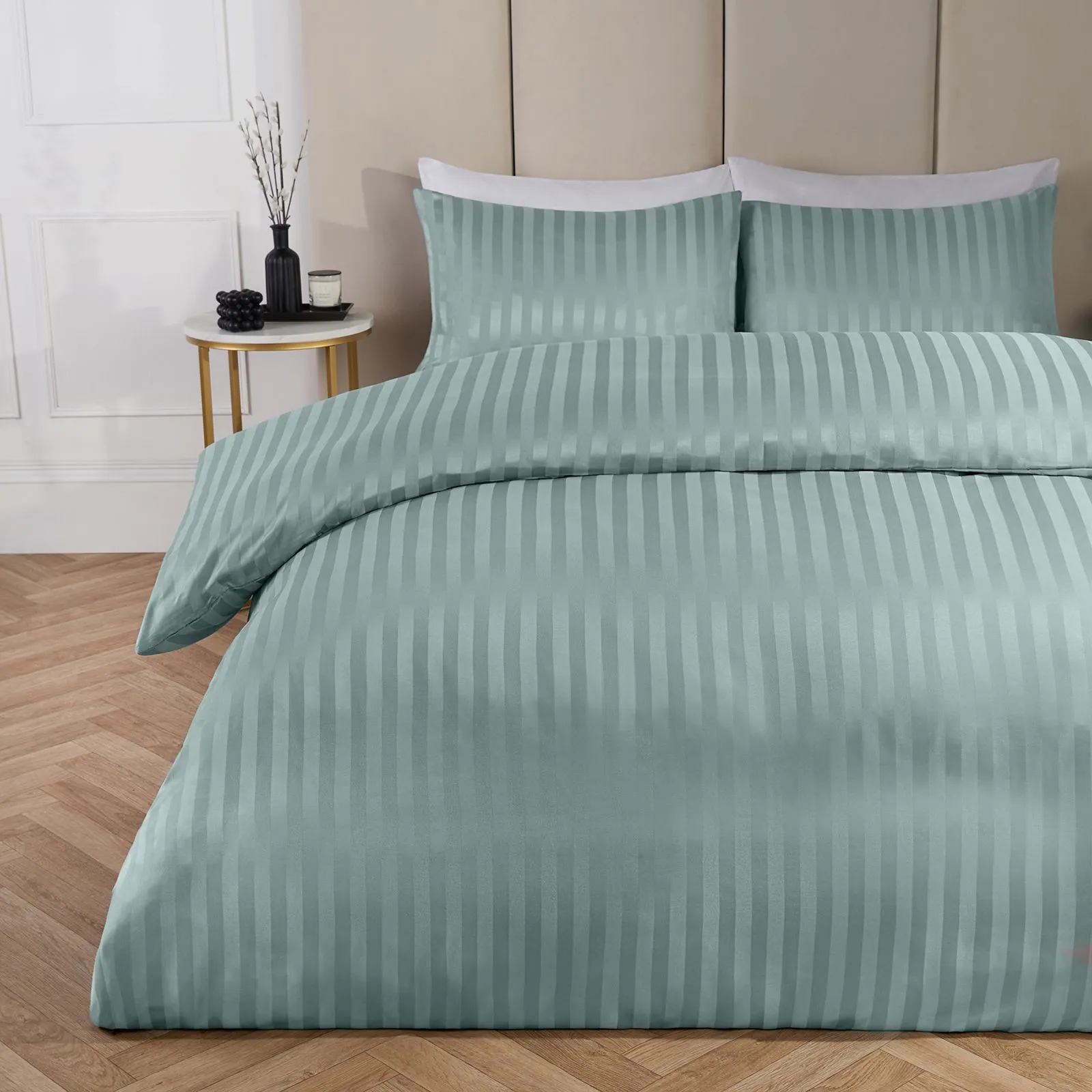 OHS Satin Stripe Duvet Cover with Pillowcase Set in Duck Egg Blue