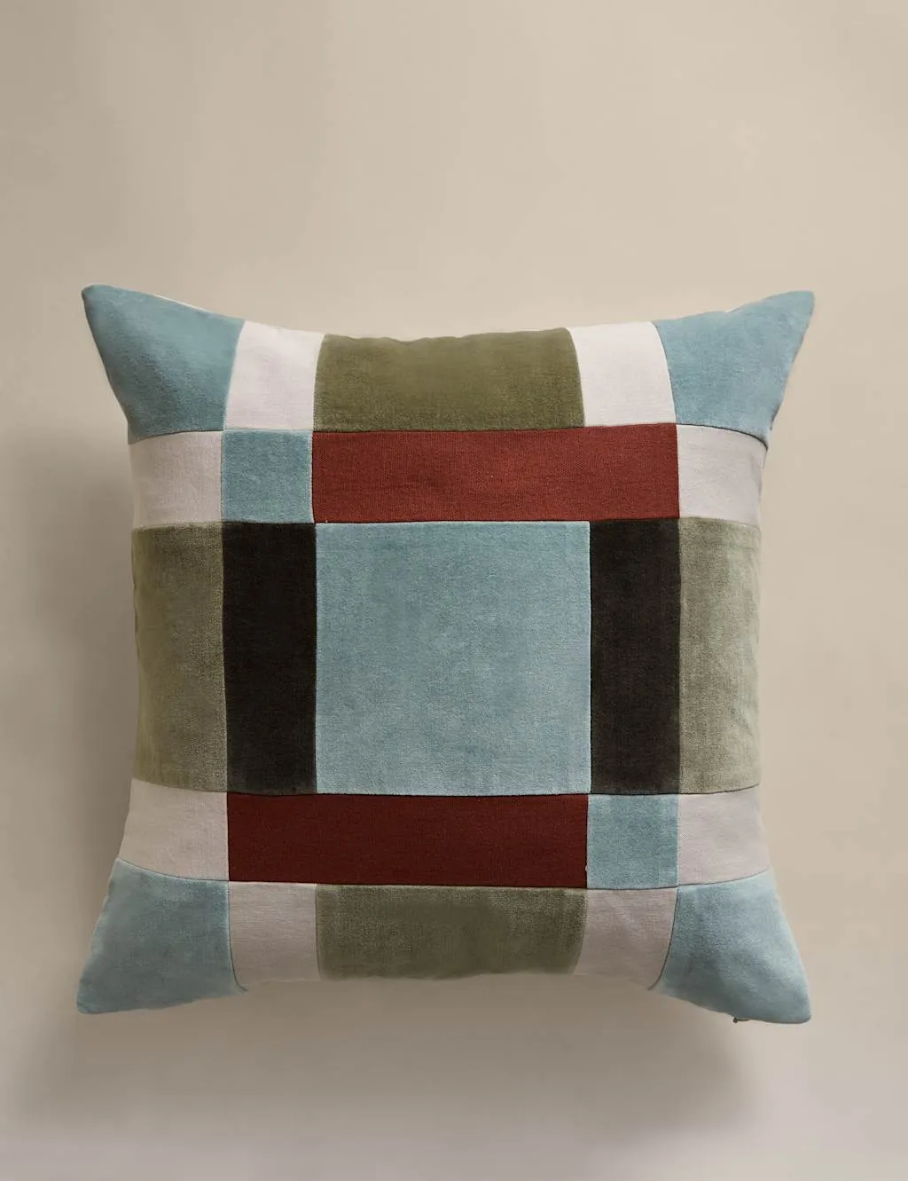 M&S Velvet Patchwork Cushion Green Mix