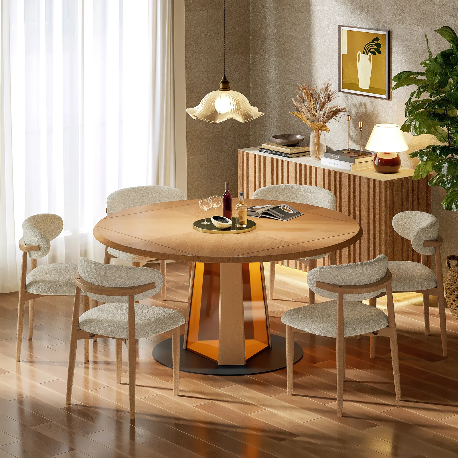 117-152 cm Extendable Natural Wood Dining Table with LED Light, Seats 4-6