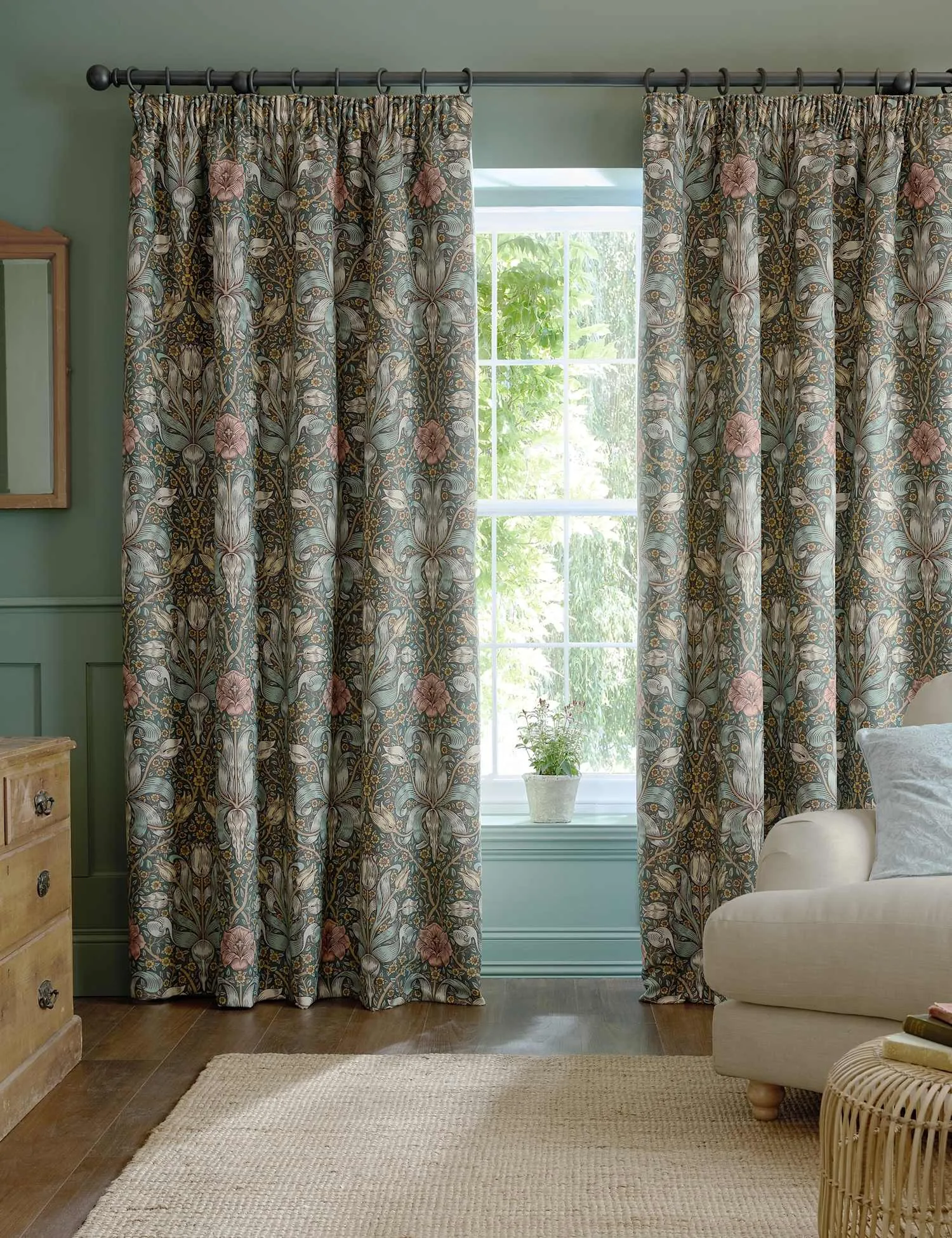William Morris At Home Spring Thicket Floral Pencil Pleat Curtains Grey Mix