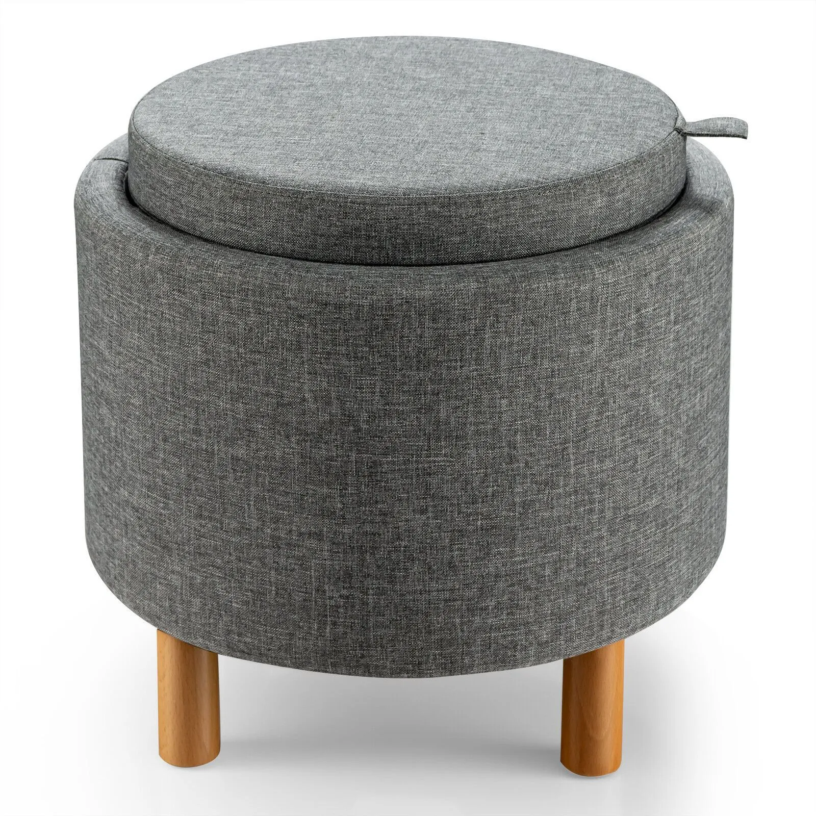Costway Round Storage Ottoman w/ Tray Accent Fabric Storing Footrest w/ Non-Slip Pads in Grey