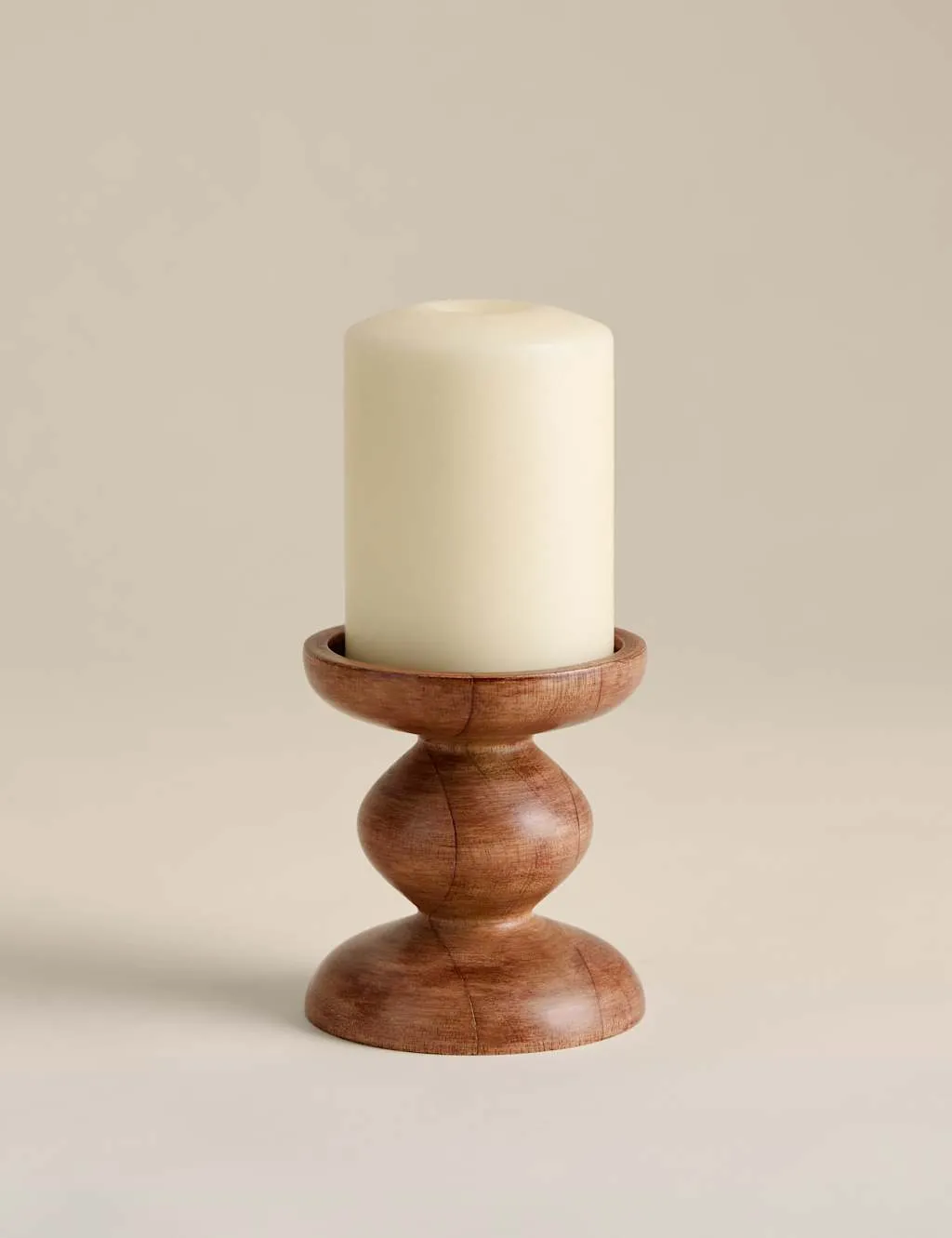M&S Bobbin Wooden Pillar Candle Holder Natural