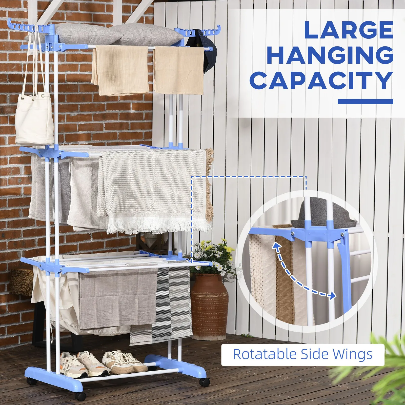 HOMCOM Foldable Clothes Drying Rack Steel Garment Dryer with Casters Blue 4