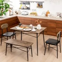 Costway 4 Pcs Dining Table Set Rectangular Kitchen Table w/ Bench & 2 Upholstered Chairs in Brown 5