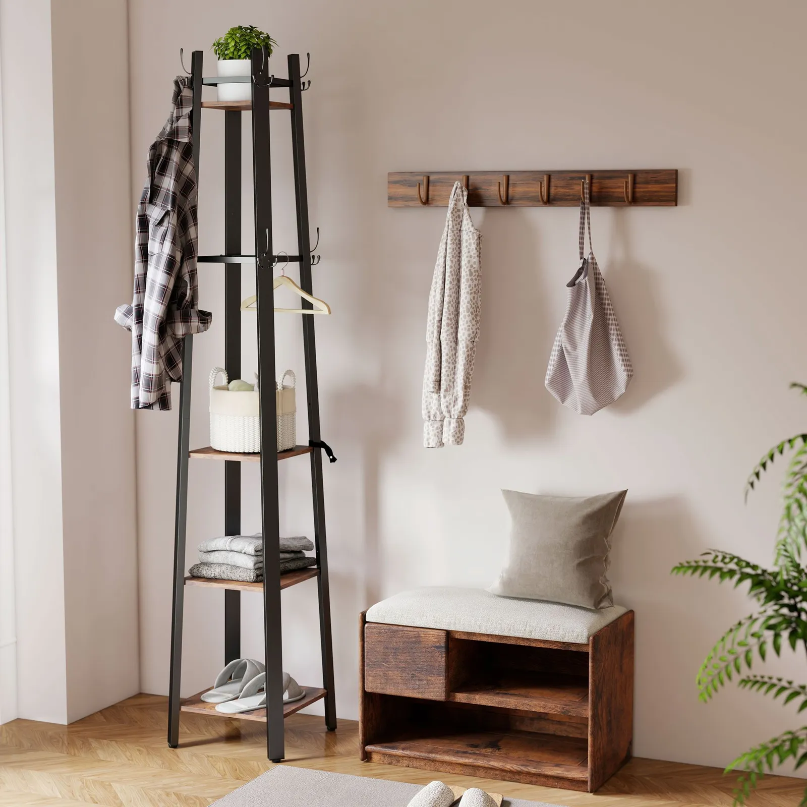 HOMCOM Industrial Coat Stand with 4 Storage Shelves & 8 Hooks in Brown