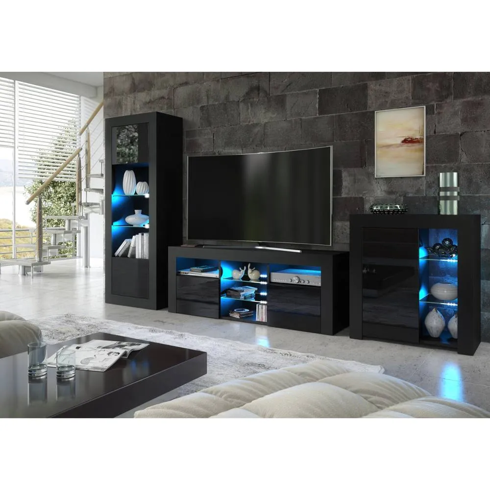 Creative Furniture Pulse TV Unit 145cm - Black with Gloss Doors & LED Lights 3