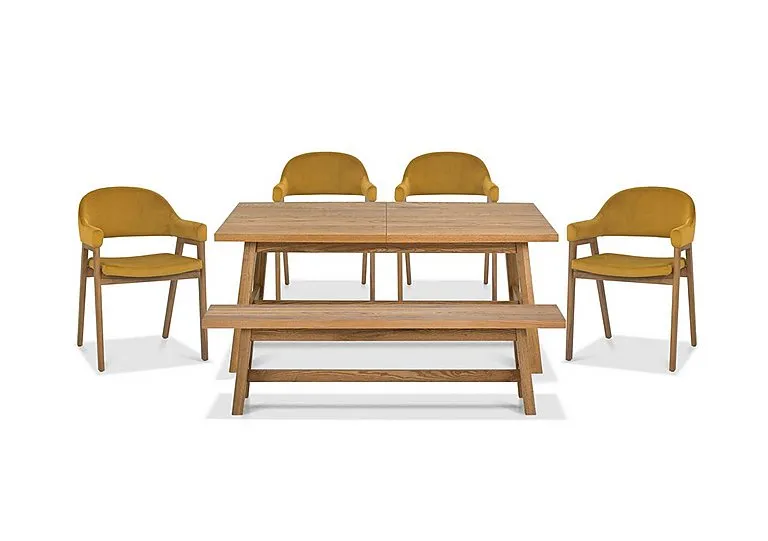 Stratford Small Extending Dining Table with Bench and 4 Fabric Dining Arm Chairs - Mustard Velvet