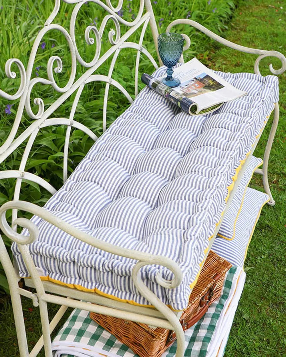 Dibor Vintage Blue Striped Reversible Indoor Outdoor Garden Bench Cushion L105cm x W42cm