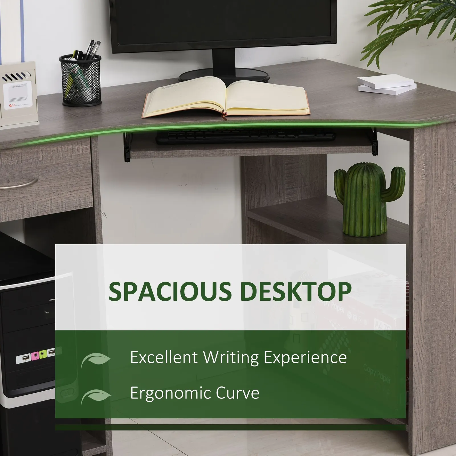 HOMCOM L-Shaped Corner Computer Desk w/ 2 Shelves Worktop Keyboard Tray in Grey 4